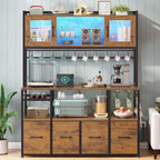 Itaar Bakers Rack with Power Outlet and LED Light, 47.2'' Microwave Stand with Storage, Kitchen Coffee Bar Cabinet with Glass Door, 4 Drawer, Wine Rack, Goblet Holder and 12 Hooks, Rustic Brown