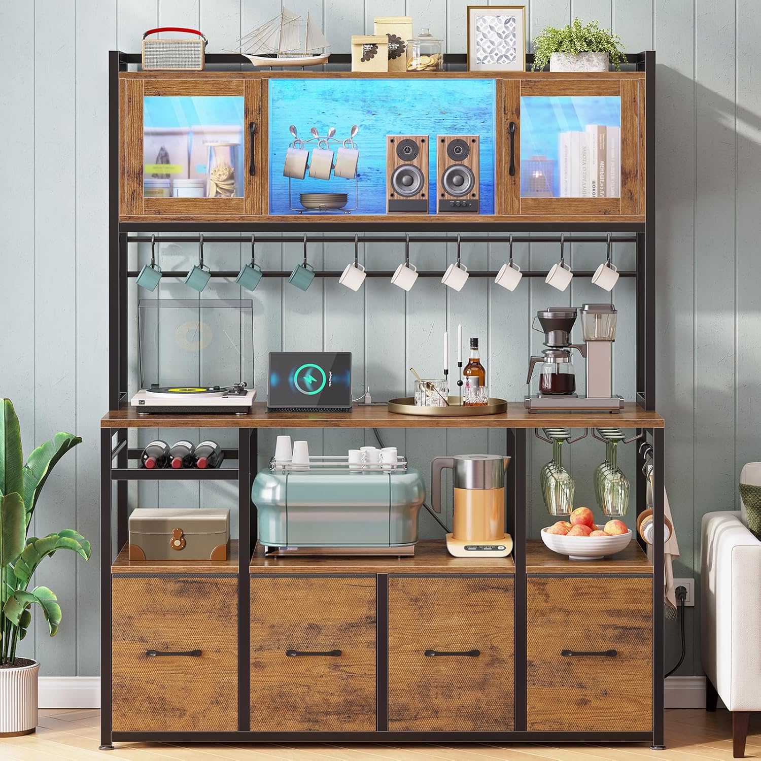 Itaar Bakers Rack with Power Outlet and LED Light, 47.2'' Microwave Stand with Storage, Kitchen Coffee Bar Cabinet with Glass Door, 4 Drawer, Wine Rack, Goblet Holder and 12 Hooks, Rustic Brown