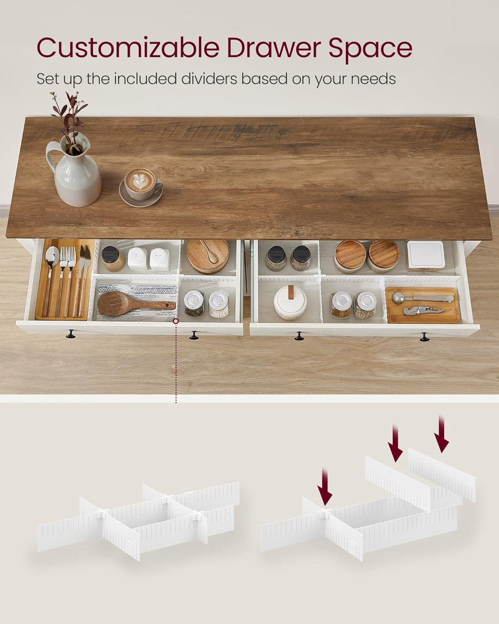 VASAGLE LIRY Collection - Buffet Cabinet, Coffee Bar Cabinet with 2 Drawers, Adjustable Shelves, Sideboard Storage with Cable Holes, Drawer Dividers, Rustic White and Honey Brown UBBK381W01