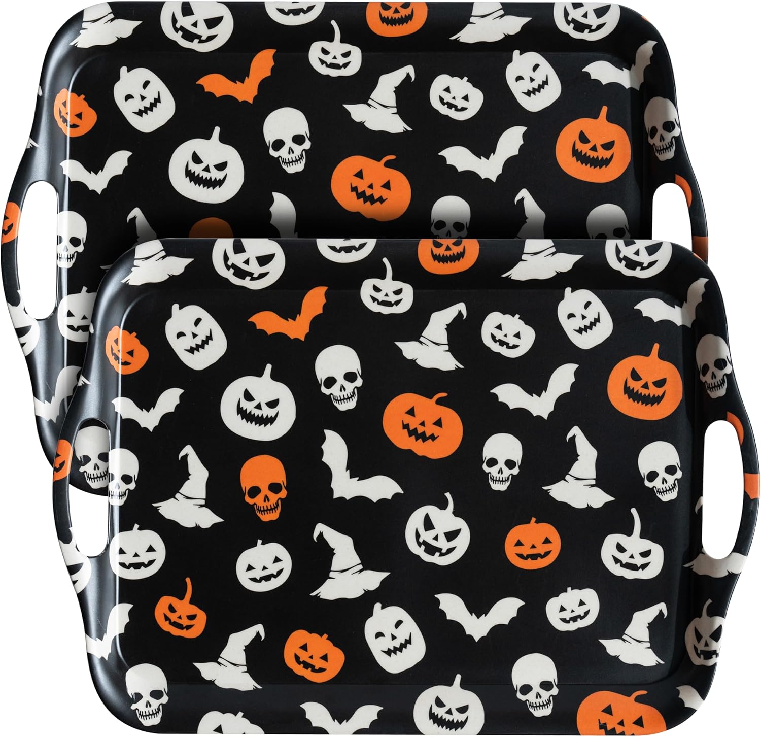 Oasis Choice 2-Pack Halloween Bamboo Fiber Serving Trays - 18x13 Inch Large Platters w/Handles for Horror Party, Birthday,BBQ, Buffet - Pumpkin, Bat & Skeleton Decor (Spooky Black, 18inch)