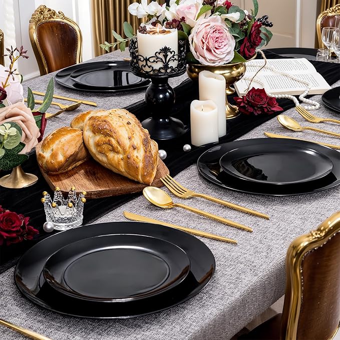 PULOTE 200PCS Black Plastic Plates - Heavy Duty Black Disposable Include 100 Each (10 inch Dinner & 7 inch Dessert) Plates, Disposable for Party, Birthday & New Year