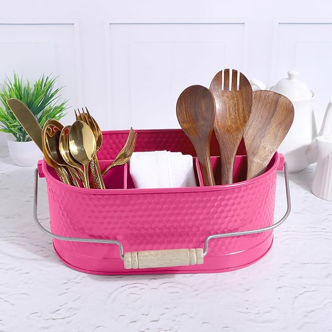 Alpha Living Home Silverware Organizer - Metal Kitchen Drawer & Utensil Organizer, Drawer Organizer for Forks, Knives, Multipurpose Kitchen Organizers and Storage Solution (Pink)