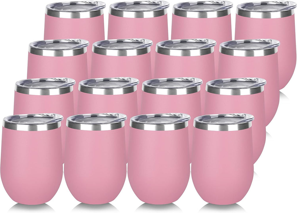 DOMICARE Stainless Steel Wine Tumbler Bulk with Lid, Personalized Insulated Tumblers Set, 12oz Travel Coffee Cups Pack of 16, Pink