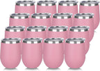 DOMICARE Stainless Steel Wine Tumbler Bulk with Lid, Personalized Insulated Tumblers Set, 12oz Travel Coffee Cups Pack of 16, Pink