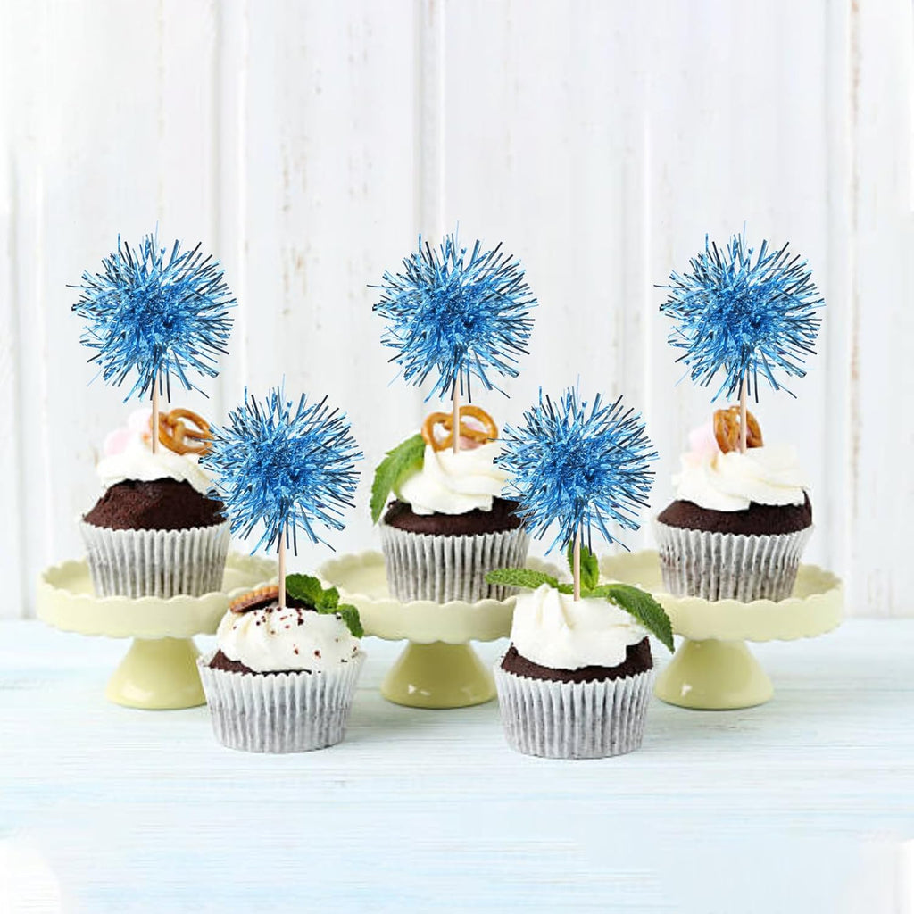 40 PCS Foil Firework Cupcake Toppers Light Blue Sparkler Cupcake Picks Sparkle Tinsel Fireworks Decorations Cocktail Fruit Toothpick for Firework Theme Birthday Wedding Graduation Party Decor Supplies