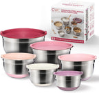 COOK WITH COLOR Stainless Steel Mixing Bowls Set with Lids - Nesting Bowls with Non-Slip Bottom, Rose, 12 Pieces