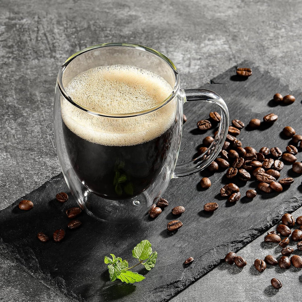 Aurzen 2 Pack Double Walled Glass Coffee Mugs with Handles, Large Insulated Layer Coffee Cups, 12oz Clear Borosilicate Mugs, Perfect for Cappuccino, Tea, Microwave Safe