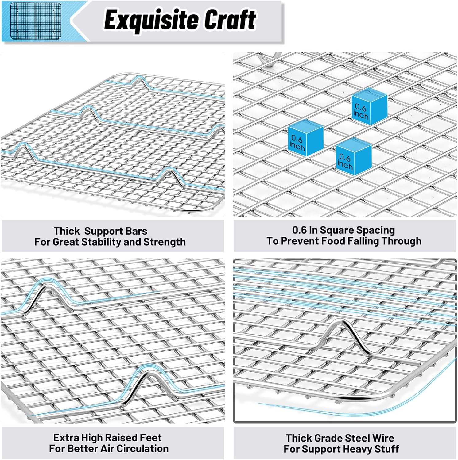 TeamFar Cooling Rack Set of 4, Stainless Steel Grid Cooking Roasting Racks for Various Size Baking Sheet Toaster Oven Pan, Healthy & Heavy Duty, Mirror Finish & Dishwasher Safe