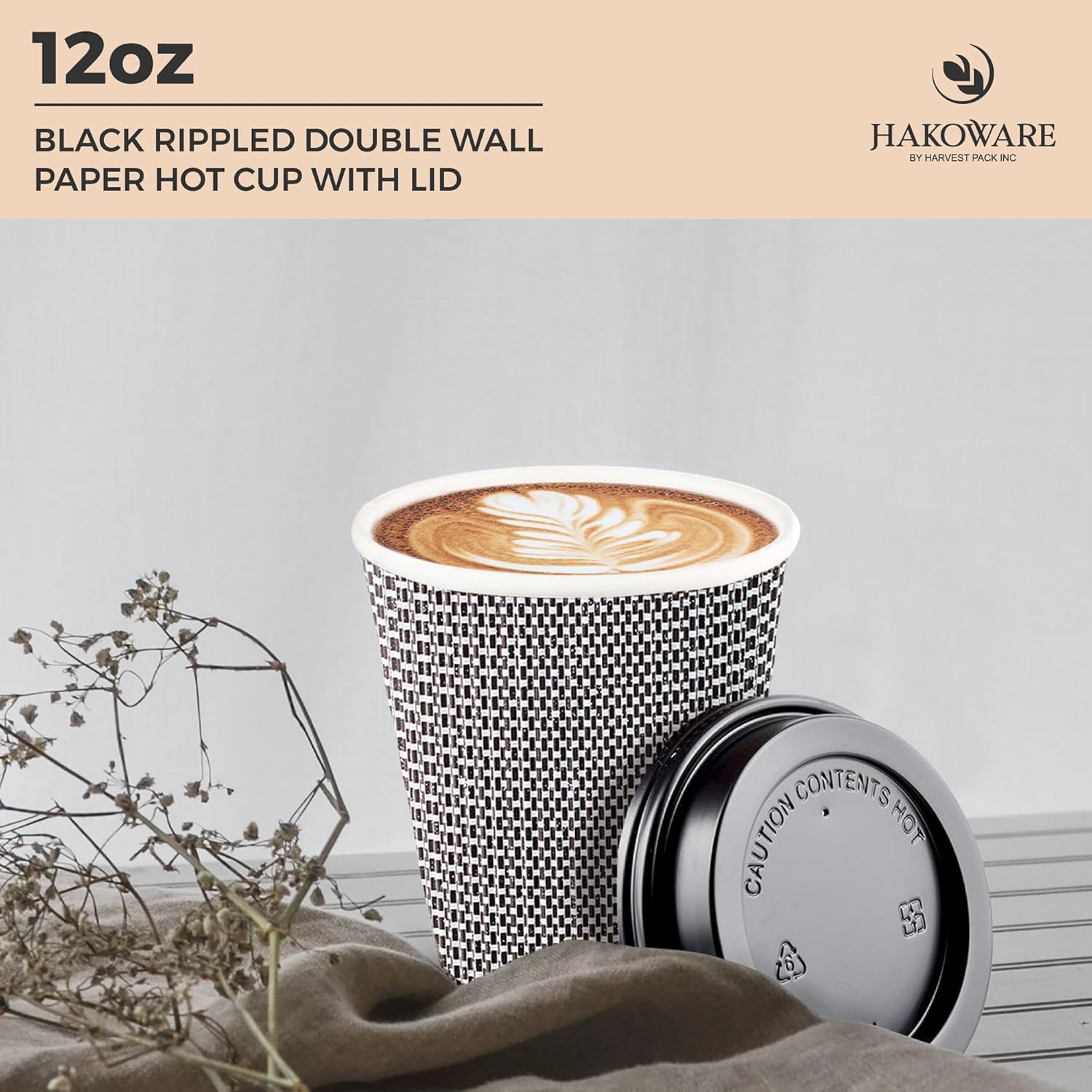 [100 SET]Harvest Pack 12 oz Disposable Coffee Cups, Insulated Ripple Double-Walled Paper Cups with Lids, Black and White Geometric, Drinking Cups for Tea Hot Chocolate Drinks To go coffee cups