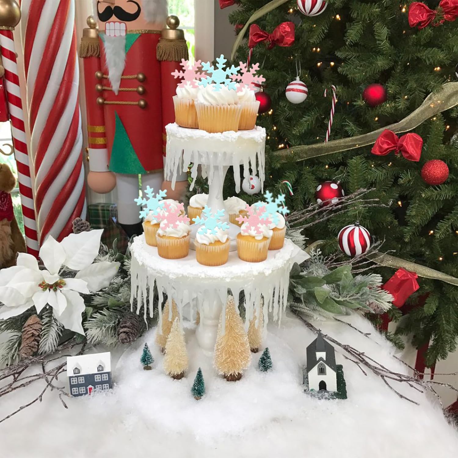 Gyufise 50Pcs Pink Edible Cupcake Cake Toppers Snowflake Cake Decorations for Christmas Winter Frozen Theme Party Supply Decoration Blue Pink