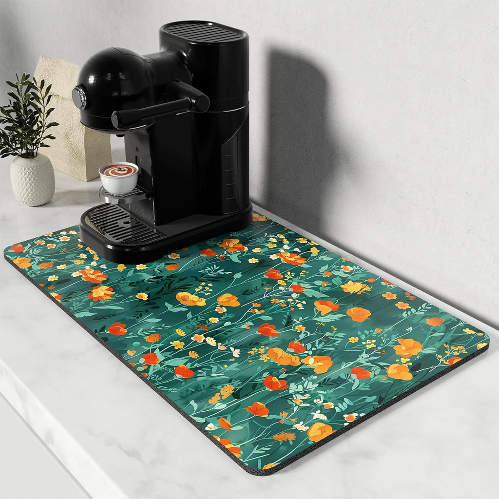 Rnivvi Coffee Mat, 12" x 19" Cute Coffee Bar Mats for Espresso Machine Station Accessories and Organizer, Hide Stain Rubber Backed Absorbent Dish Drying Pad for Kitchen Counter, Gentle Forest Flowers