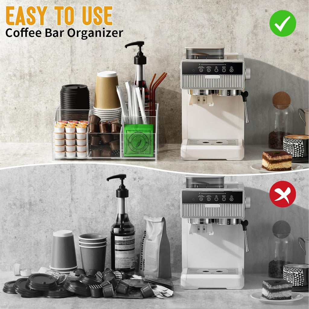 Acrylic Coffee Bar Organizer Station - Multiple Compartments - Kitchen Bar Tools Storage Rack - Beverage Station Organizer for Coffee Creamer Syrup