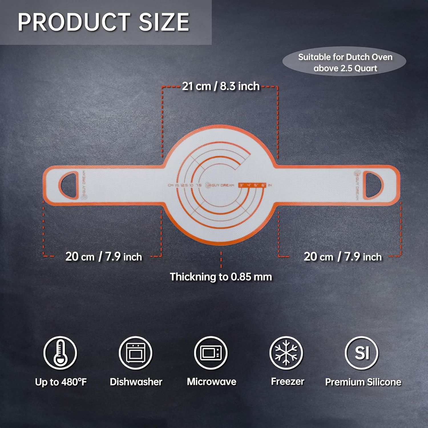 GUYDREMAT Dutch Oven Bread Baking Sling - Heat Resistant, Non-Stick Silicone Mat for Lifting Artisan Loaves, Food-Grade, Reusable Bread Tool, Fits 3-7 Quart Cookware, Easy to Clean