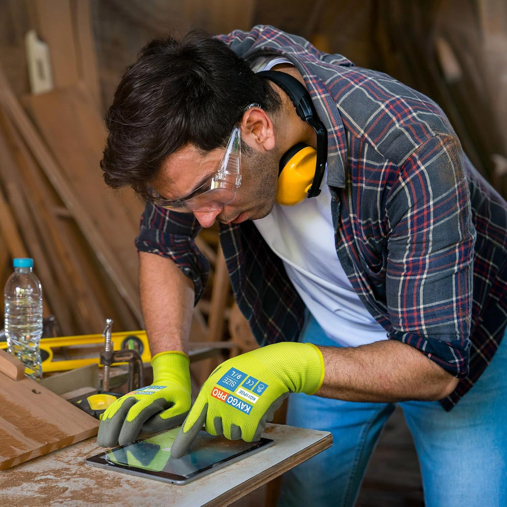 KAYGO Safety Work Gloves PU Coated for Men and Women- KG11P,12 Pairs,Seamless Knit Glove with Two Fingers Touchscreen,Ideal for General Duty Work (Green,M)