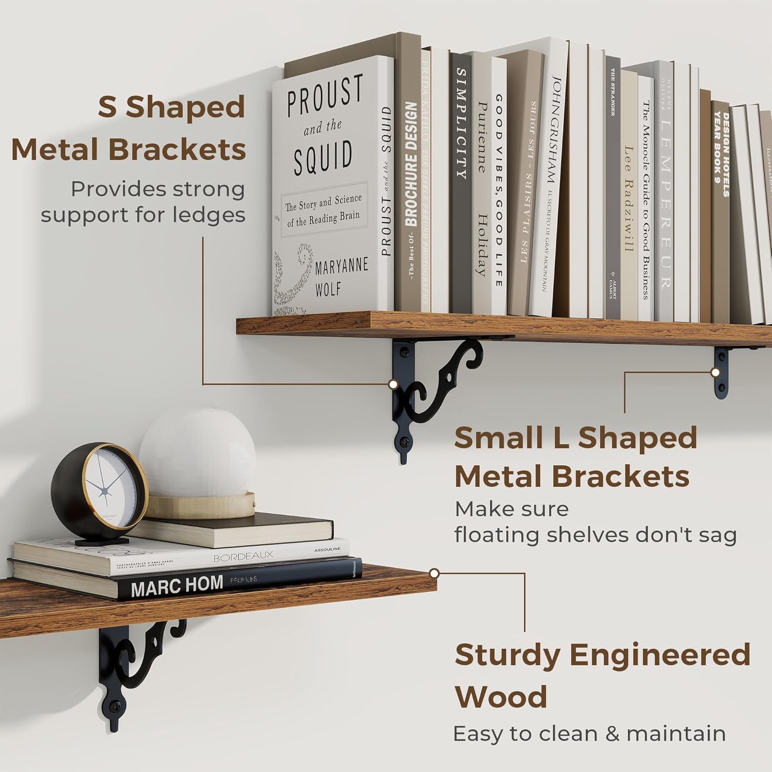 RICHFOCUS Floating Shelves for Wall Decor, 55.1W x 8D Wall Shelves Set of 2, 8 Inch Deep Rustic Wood Shelves Wall Mounted with Brackets, Long Shelves for Living Room Bedroom Kitchen, Rustic Brown
