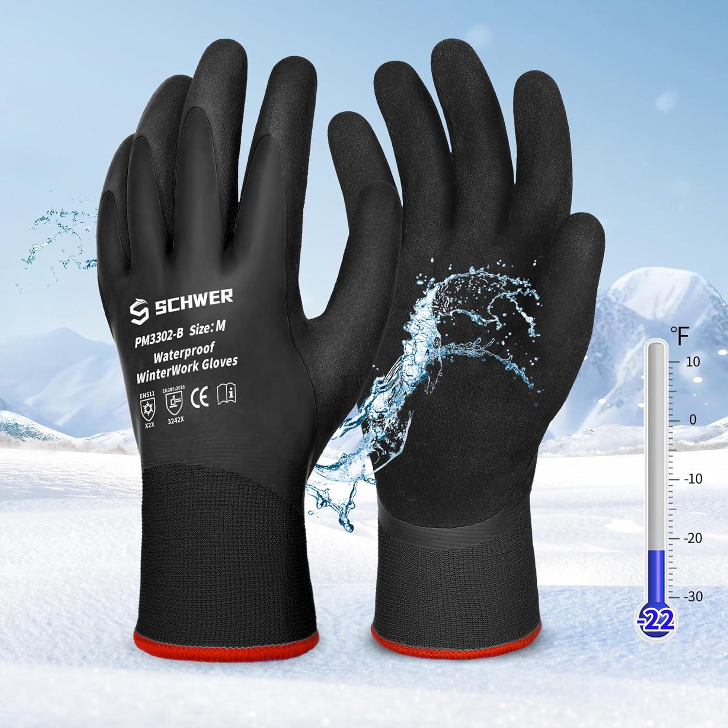 Schwer 2 Pairs FreezeGuard Winter Work Gloves, ANSI A2 Cut Resistant Freezer Gloves for Outdoor Cold Weather Keep Hands Warm, Waterproof Gloves for Shoveling Snow, Ice Fishing, M