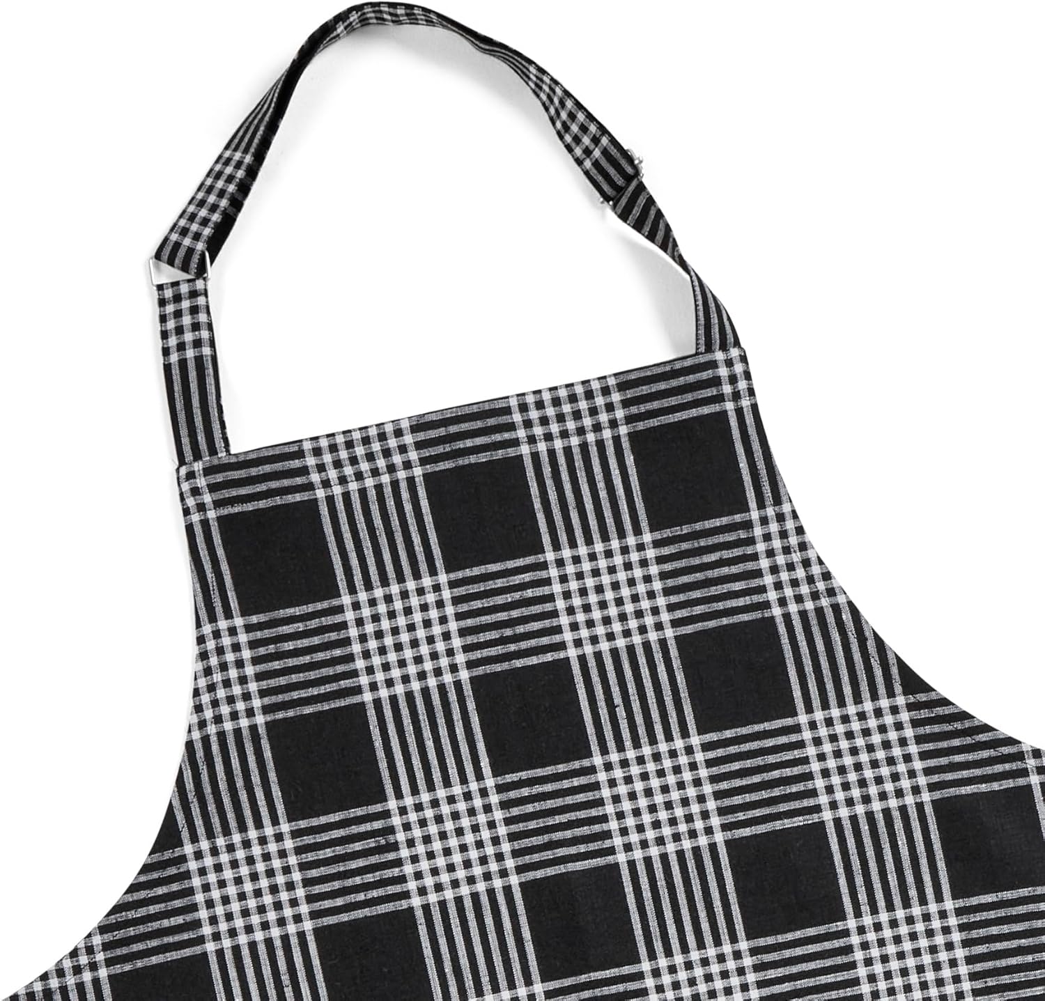 Solino Home Linen Bib Apron for Men & Women - Black and White Plaid Kitchen Apron with Front Pockets - Handcrafted from European Flax