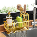 Cisily Gold Kitchen Sink Caddy Organzier with High Brush Holder, Sponge Holder for Sink, 304 Rustproof Stainless, Kitchen Countertop Soap Dispenser Organizer, Home Decor and Accessories