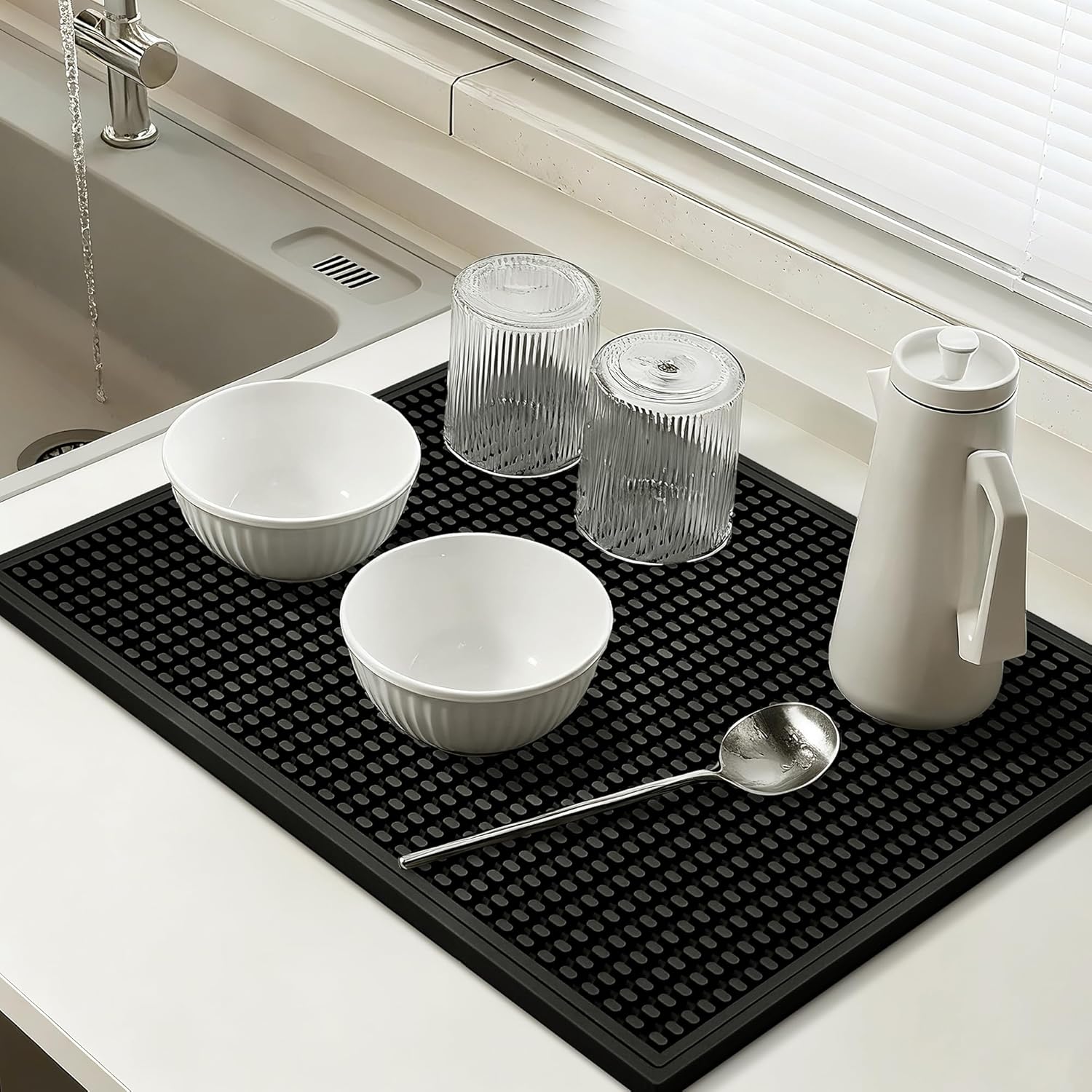 dish drying mat - 18" x 12" Black silicone drying mat , kitchen counter dish drying mats,rubber dish drying mat, Applies to bar mat、coffee mat