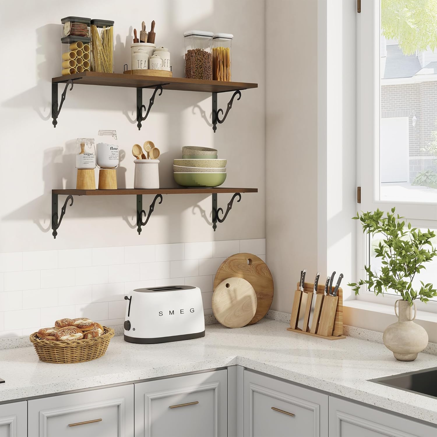 RICHFOCUS 12 Inch Deep Floating Shelves for Wall, 31.5" W x 12" D Wood Wall Shelves Set of 2, Wide Floating Shelves for Living Room, Bedroom, Kitchen, Bathroom and Decor Storage, Walnut