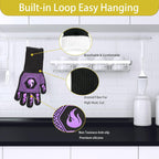 BBQ Fireproof Gloves, Grill Cut-Resistant Gloves 1472°F Heat Resistant Gloves, Non-Slip Silicone Oven Gloves, Kitchen Safe Cooking Gloves for Oven Mitts,Barbecue,Cooking, Frying,13.5 Inch-Purple