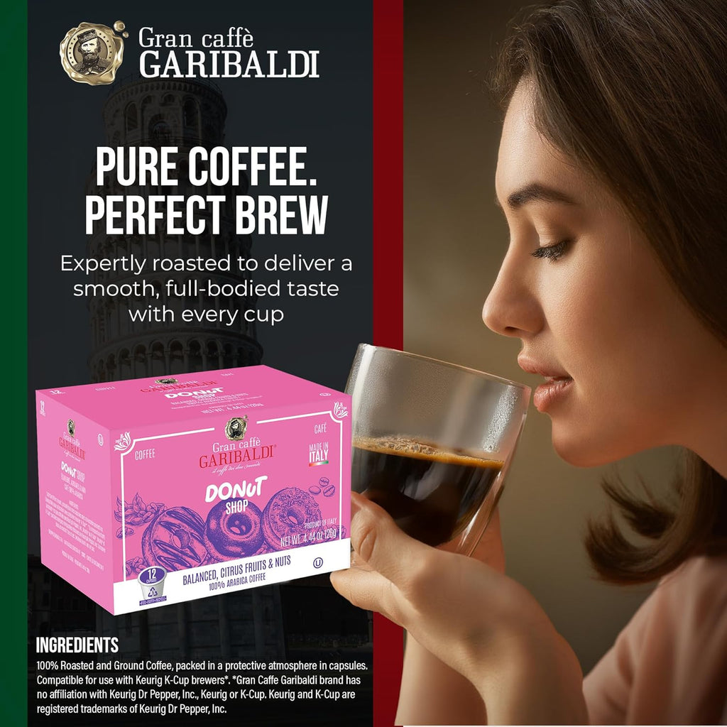 Caffè Garibaldi Donut Shop Coffee Pods, Single-Serve Capsules for Keurig K-Cup Brewers, Single Serve Cups with 100% Arabica Blend, 72 Count Recyclable Coffee Pods - Light Roast