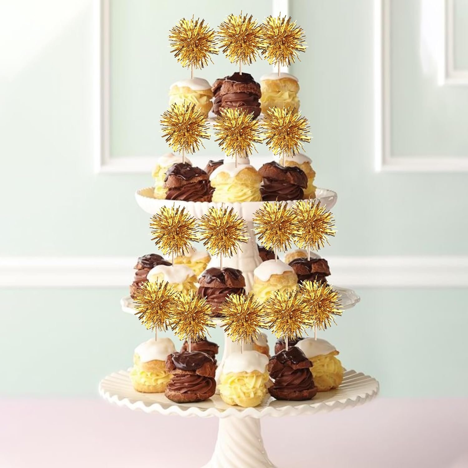 40 PCS Foil Firework Cupcake Toppers Fireworks Cupcake Picks Sparkle Tinsel Cake Decorations Cocktail Fruit Toothpick for Firework Theme Birthday Wedding Graduation Party Decorations Supplies Gold