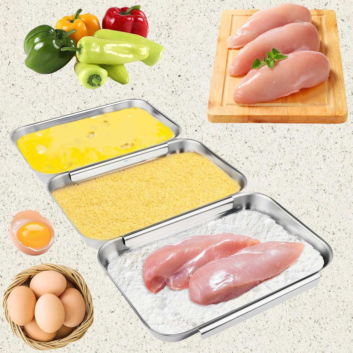 3-Piece Stainless Steel Breading Set – Interlocking Coating Trays for Chicken, Fish, Meat | Non-Slip, Dishwasher Safe, Oven Safe | Stackable Space-Saving Design for Flour, Egg, Breadcrumbs