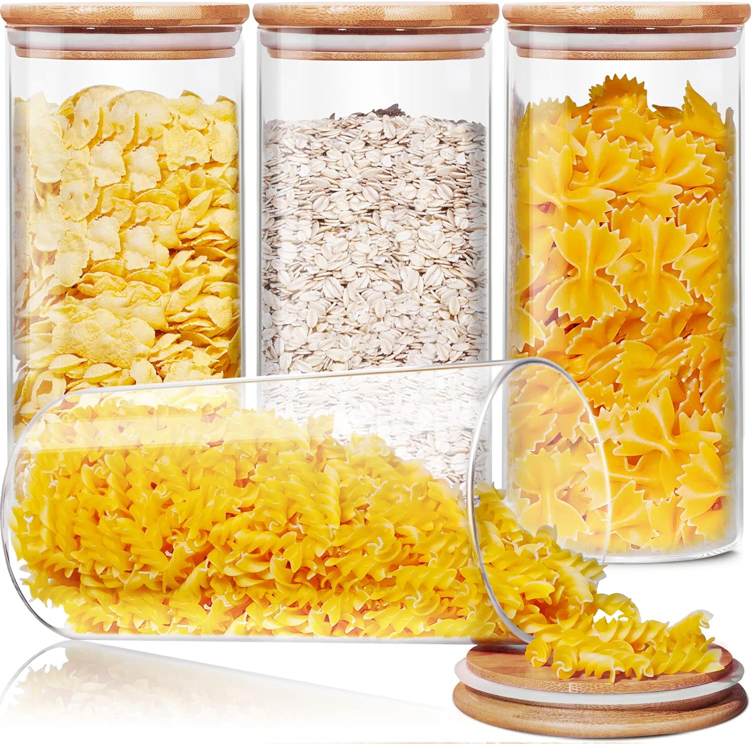 Glass Jars with Bamboo Lids 53 FL OZ [Set of 4], Glass Canisters with Airtight Lids, Glass Food Storage Containers for Pasta, Oats, Coffee, Flour, Sugar, Rice, Best for Kitchen & Pantry