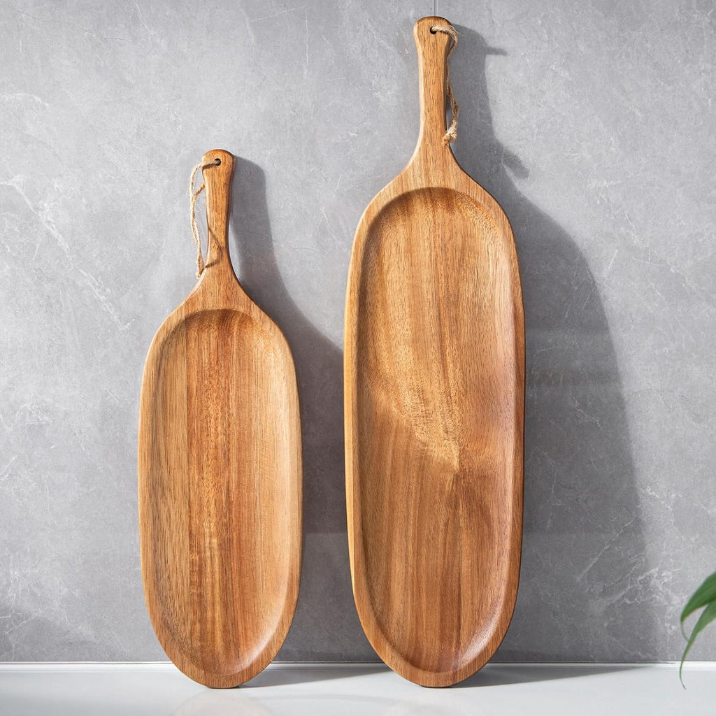 2PCS Wooden Tray Wood Serving Tray with Handle Large Serving Plates Acacia Solid Wood Appetizer Plates Multi-Use Oval Acacia Plates for Appetizer for Snack(Large 20.5“ and 16.5"