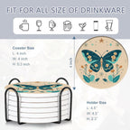 Coaster for Drinks Set of 6, Boho Butterfly Flower Absorbing Round Ceramic Stone Coaster with Cork Base,Tabletop Protection Mat for Mugs and Cups,Coffee Table Wine Glass Home Bar 4 Inch