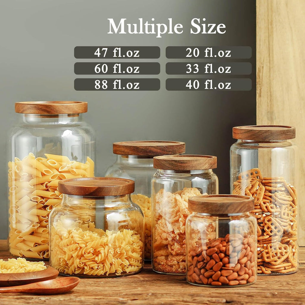 Labina Glass Storage Container Airtight Food Jars Kitchen Canister with Wood Lids, 54 Oz (1600ml) Wide Mouth Pantry Organization Glass Jar for Flour, Sugar, Cookie, Spagetti, Nuts and Candy