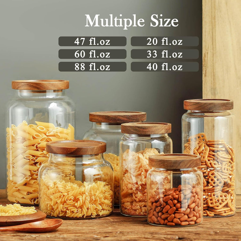 Labina Glass Storage Container Airtight Food Jars Kitchen Canister with Wood Lids, 40 Oz Wide Mouth Pantry Organization Glass Jar for Flour, Sugar, Cookie, Spagetti, Nuts and Candy (2 Pack)
