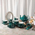 fanquare 21 Piece Vintage Porcelain Tea Set, Green with Gold Trim Fine China Tea Sets for Party, Teapot with Tea Cup and Saucers Set for 6, Christmas Gifts