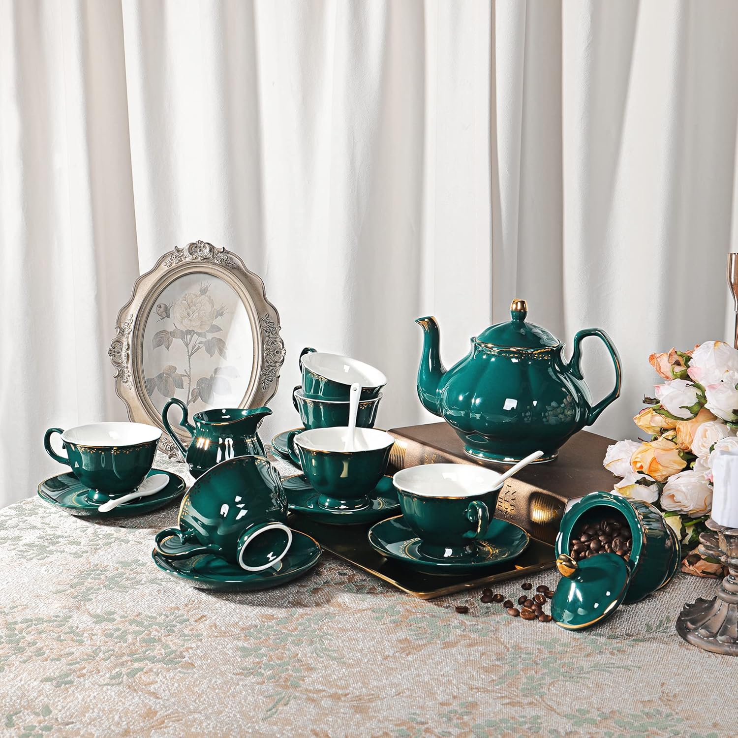 fanquare 21 Piece Vintage Porcelain Tea Set, Green with Gold Trim Fine China Tea Sets for Party, Teapot with Tea Cup and Saucers Set for 6, Christmas Gifts