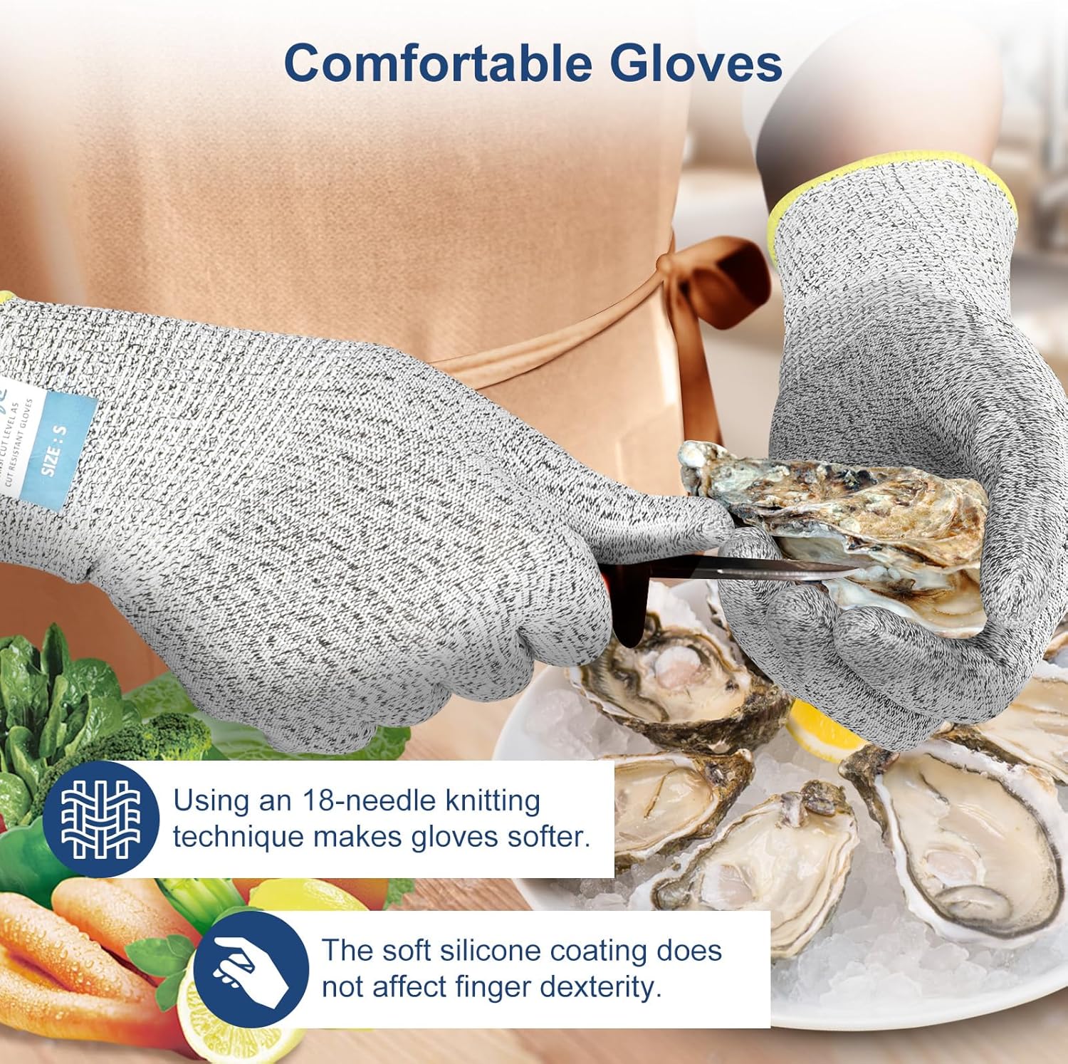 Dowellife Level 5 Cut Resistant Gloves with Silicone Coating, Food Grade Kitchen Knife Safety Gloves, Work Gloves for Chef, Mandoline Oyster Shucking Meat Cutting Wood Carving (Gray X-Large), Grey