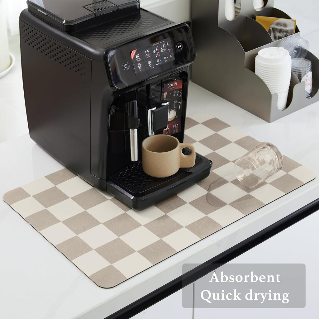 Checkered Dish Drying Mat for Kitchen Counter, Coffee Bar Station Accessories, Retro Cute Aesthetic Modern Absorbent Drainer Mat Kitchen Drying Mat Easy Clean, Khaki 16" x 24"