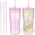 Glass Cups with Lids and Glass Straws, High Borosilicate 20OZ Pink Tumblers (2Pcs) for Coffee, Tea, Juice, Smoothies, Hot & Cold Drinks at Home/Office
