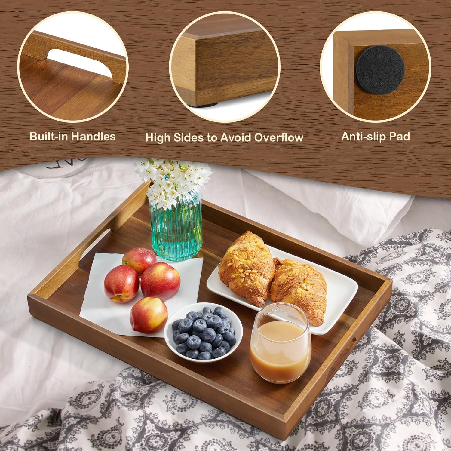 Set of 2 Acacia Wood Serving Tray with Handles, 17 Inch Large Wooden Tray for Ottoman, Breakfast in Bed, Coffee Table, Dinner, Perfect for Living Room Bedroom Entryway and Kitchen