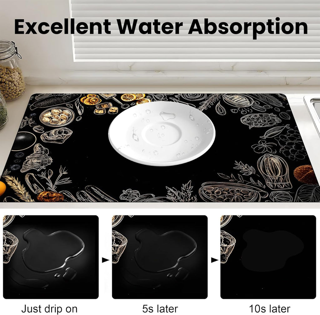 17"x 32" Coffee Bar Mat, Kitchen Ingredients Absorbent Dish Drying Mat Cuttable Hide Stain Draining Table Pad for Kitchen Counter, Coffee Bar Accessories