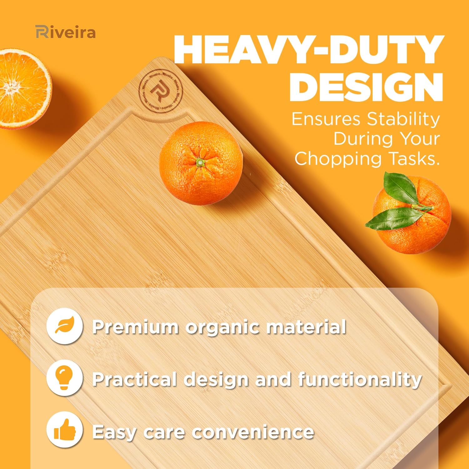 Riveira Wood Cutting Board – Gourmet Bamboo Grandeur: 15 x 10 Inches Wooden Cutting Boards For Kitchen – Natural Cutting Boards For Kitchen – Innovative Juice Grooves Non Toxic Cutting Board