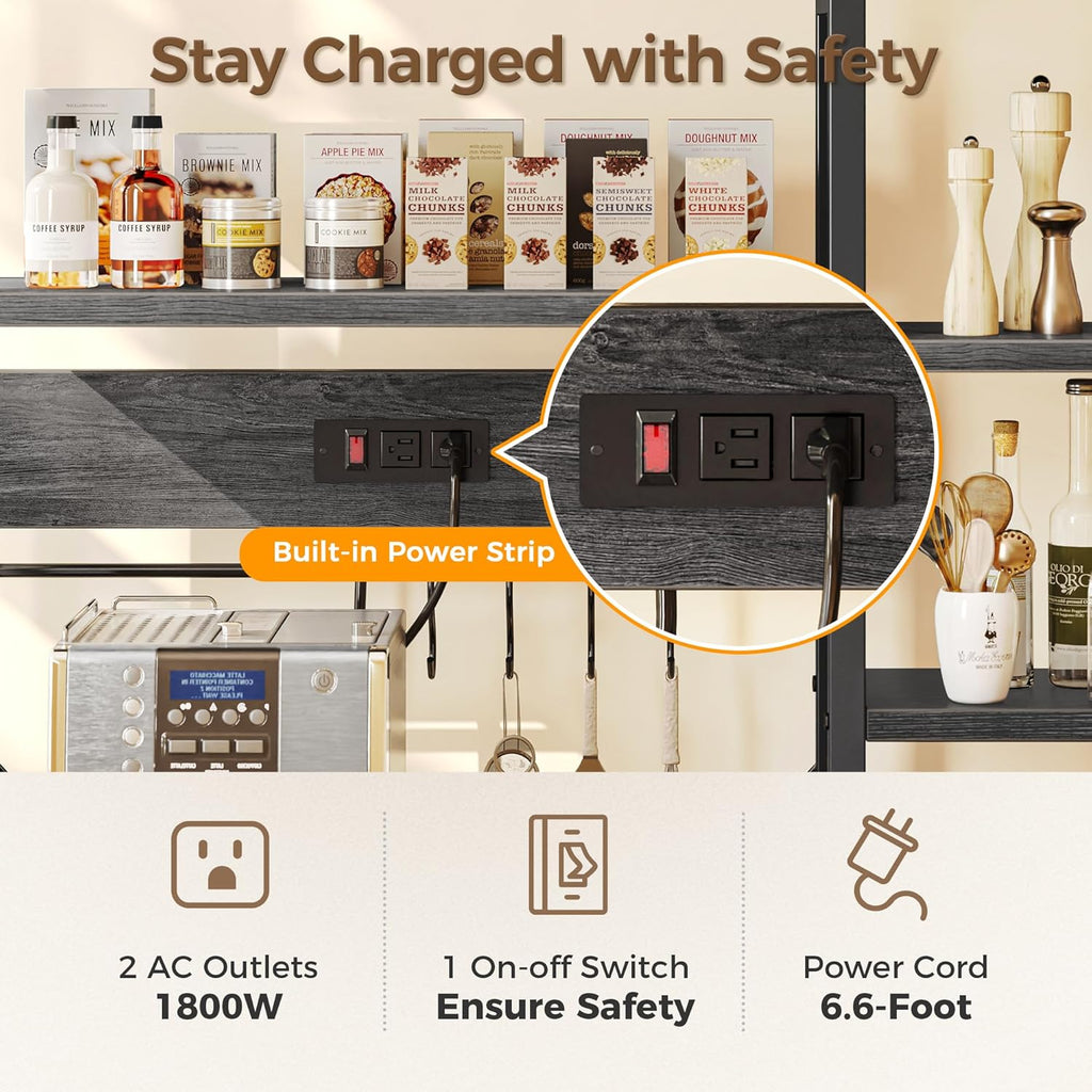 SUPERJARE Large Bakers Rack with Power Outlets, 6-Tier Microwave Stand, Coffee Bar with 12 S-Shaped Hooks, Kitchen Shelf with Wire Basket, 39.3 x 15.5 x 66.9 Inches, Charcoal Gray