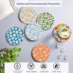 Drink Coasters Set of 6 with Holder, Vintage Groovy Flowers Absorbent Ceramic Drink Coaster for Tabletop Protection,Suitable for Kinds of Cups,Drinks Coasters for Home Office Decoration(4 Inches)
