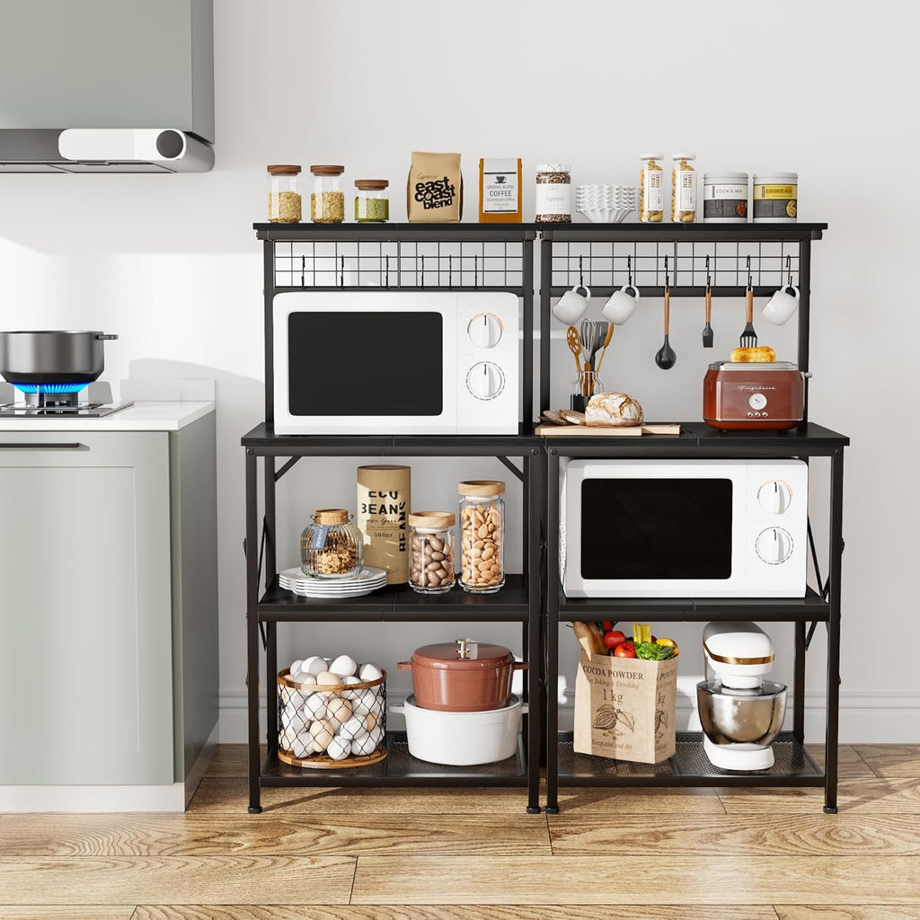 Furologee Kitchen Bakers Rack with Hutch, Coffee Bar Station 4 Tiers, Microwave Oven Stand with 6 S Hooks and Pegboard, Kitchen Microwave Rack for Spice Organizer Workstation, Black