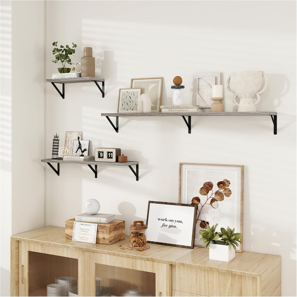 Dreamland Grey Floating Shelves for Wall, 24W x 8D Wall Mounted Shelves Set of 2, Wide Display Ledge Shelf with Sturdy Metal Brackets for Living Room, Bathroom, Bedroom and Kitchen