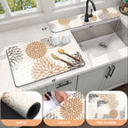 Findosom 2PCS 12" x 20" Dish Drying Mat & 24" x 5.5" Sink Splash Guard, Super Absorbent & Cuttable Dish Mat Drying Kitchen Mat with Brown Floral, Hide Stain Drying Mat for Kitchen Counter