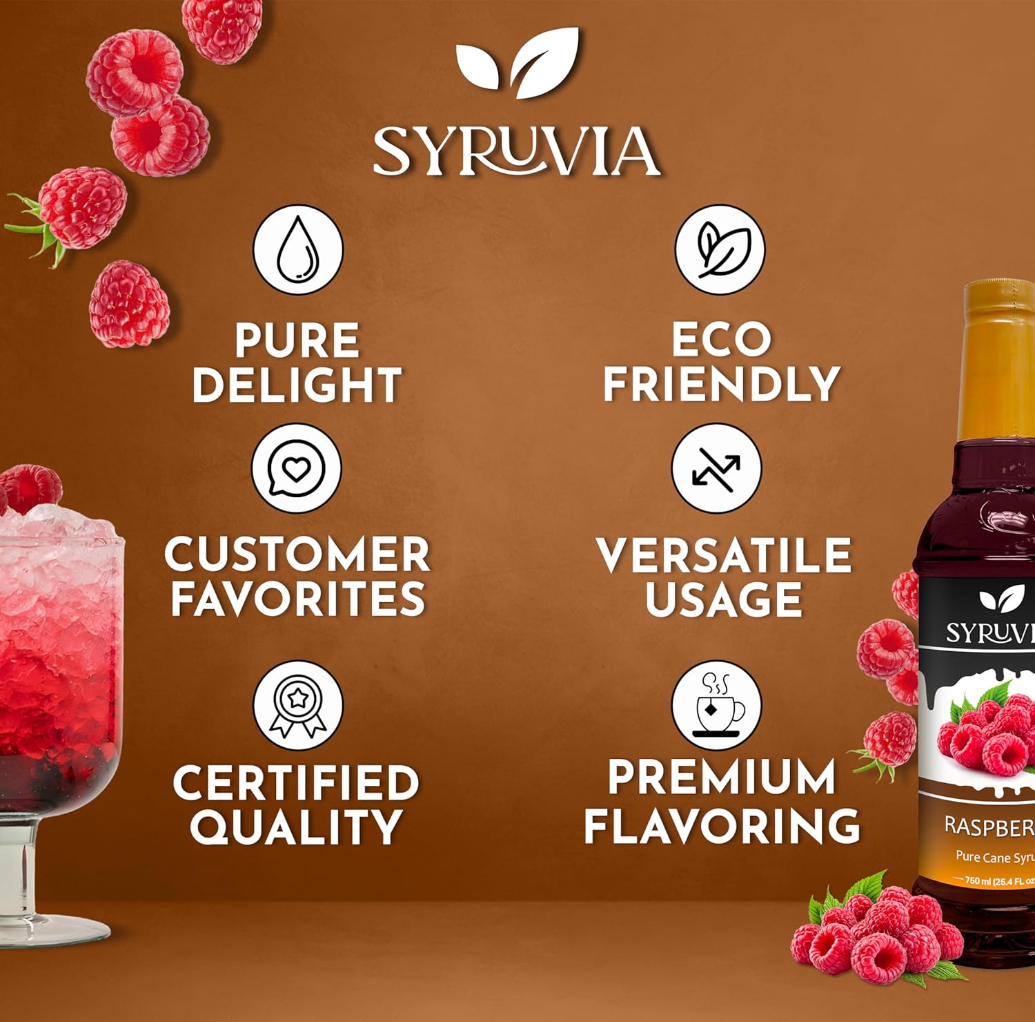 Syruvia Premium Raspberry Syrup - 25.4 fl oz Kosher Best For Drinks, Dessert, Soda, Smoothies, Gluten-Free, Non-GMO Flavor