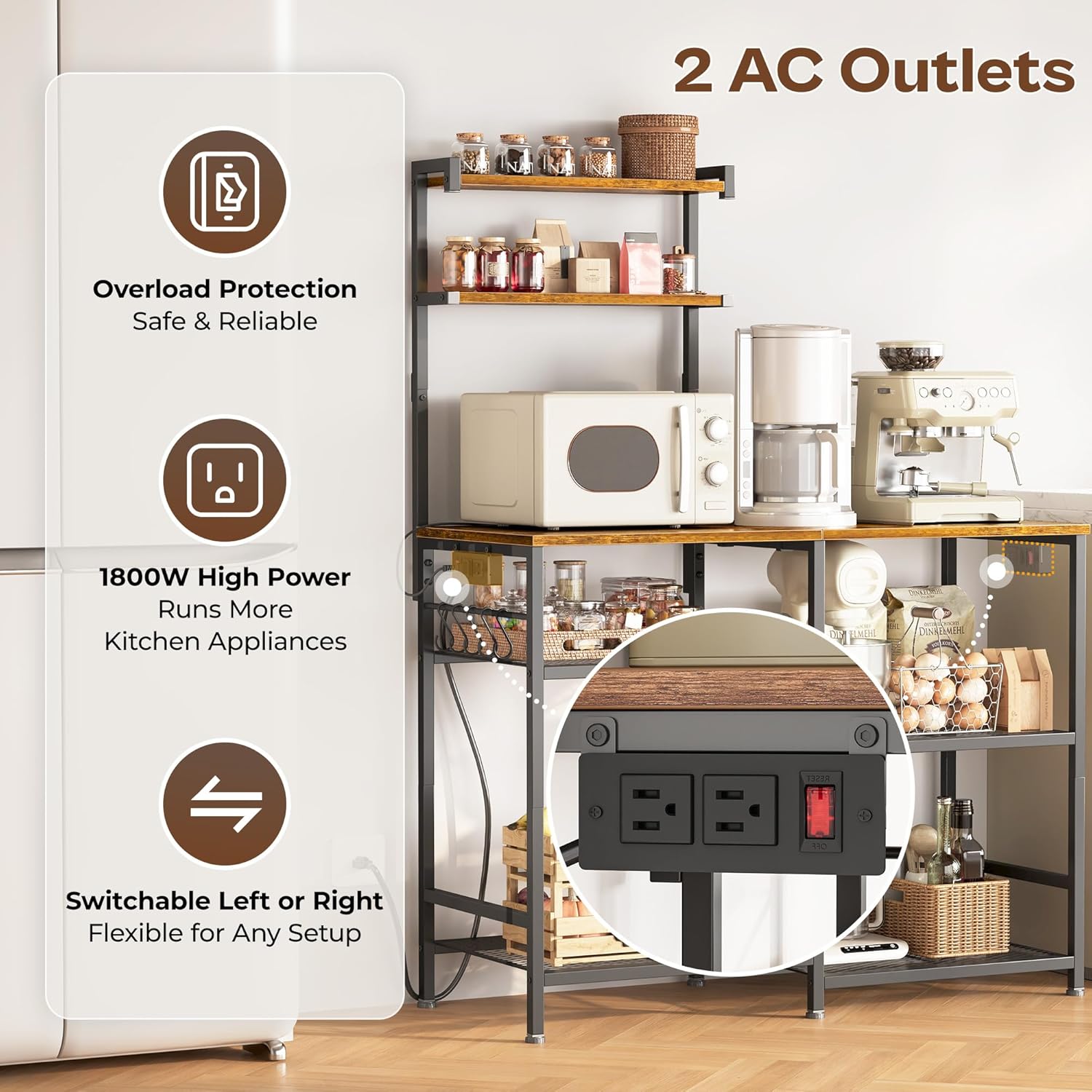 Huuger 39.4 Inch Bakers Rack with Power Outlets, Kitchen Microwave Stand with Storage, Coffee Bar with 4 Hooks, 3-Level Height Open Shelves, Retro Brown