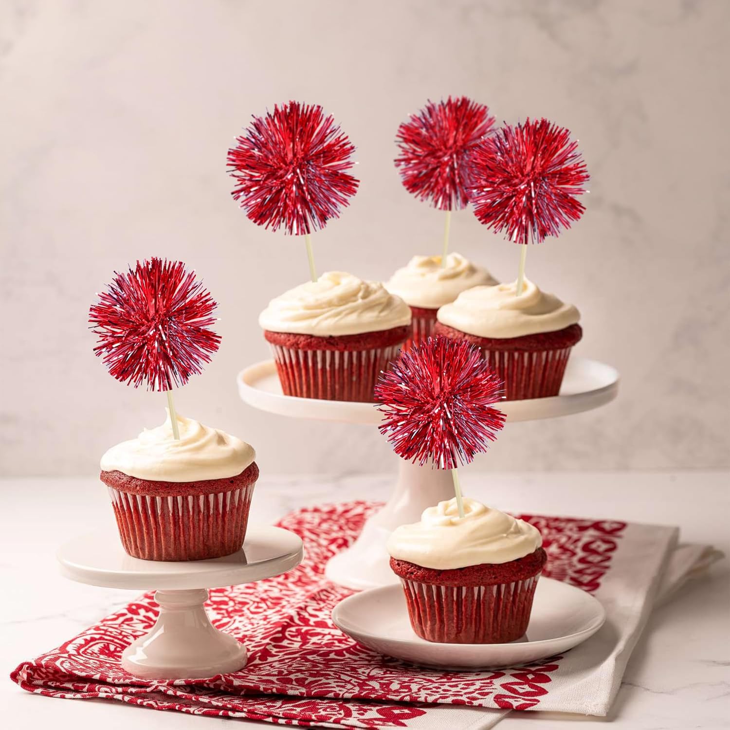 Gyufise 30Pcs Foil Firework Cupcake Toppers Sparkle Tinsel Cake Toppers Tinsel Drink Cake Decoration Cocktail Picks for Birthday Wedding Graduation Party Supplies Dark Red