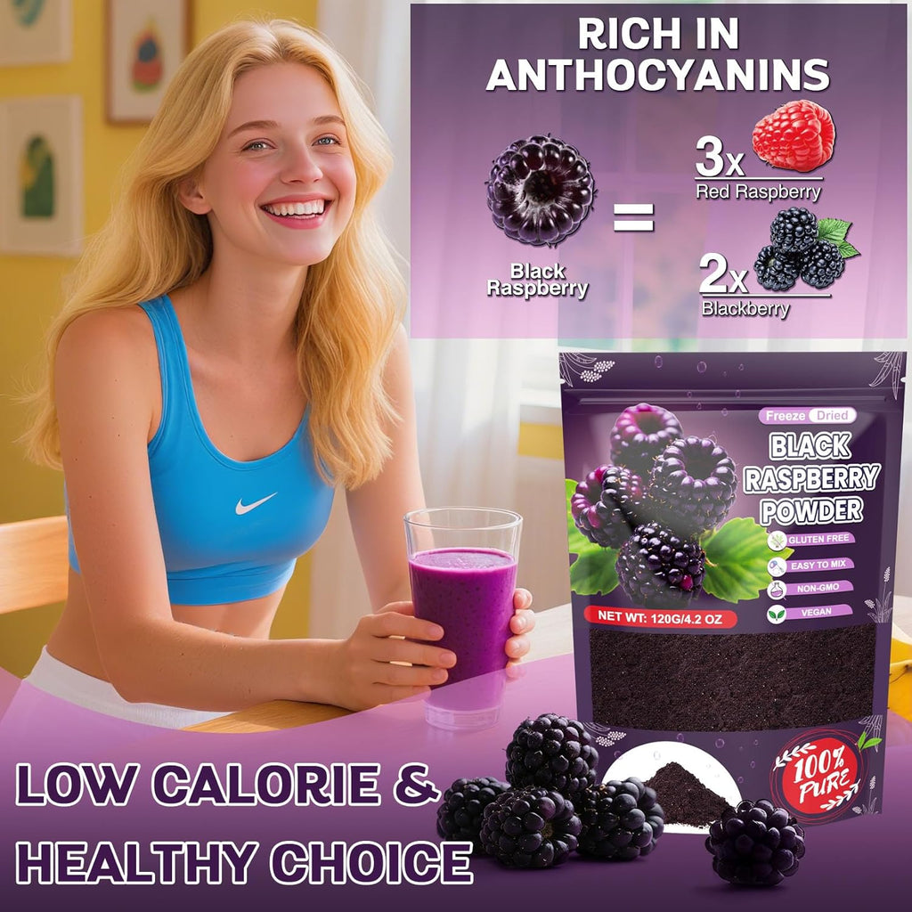 Freeze Dried Balck Raspberry Powder - 100% Black Raspberry Extract Fruit Powder for Smoothies, Made from Whole Raspberries No Additive Natural Food Coloring for Baking, Cake Decoration - 4oz